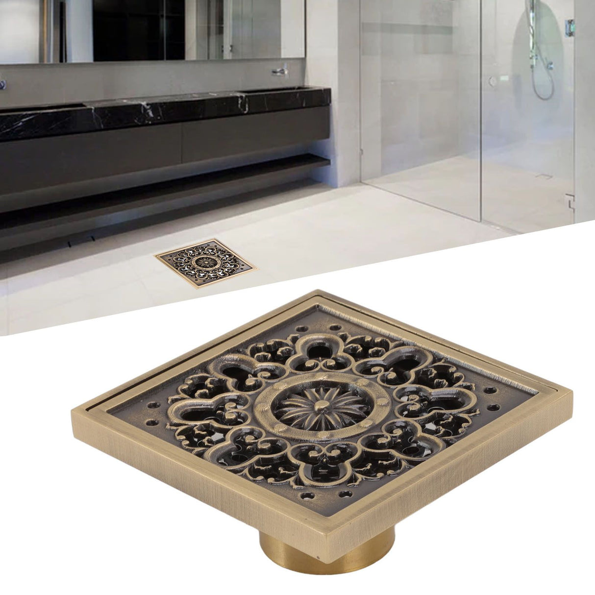 Copper Floor Drain Squared Retro Large Flow Odor Proof Shower Drain for Bathroom