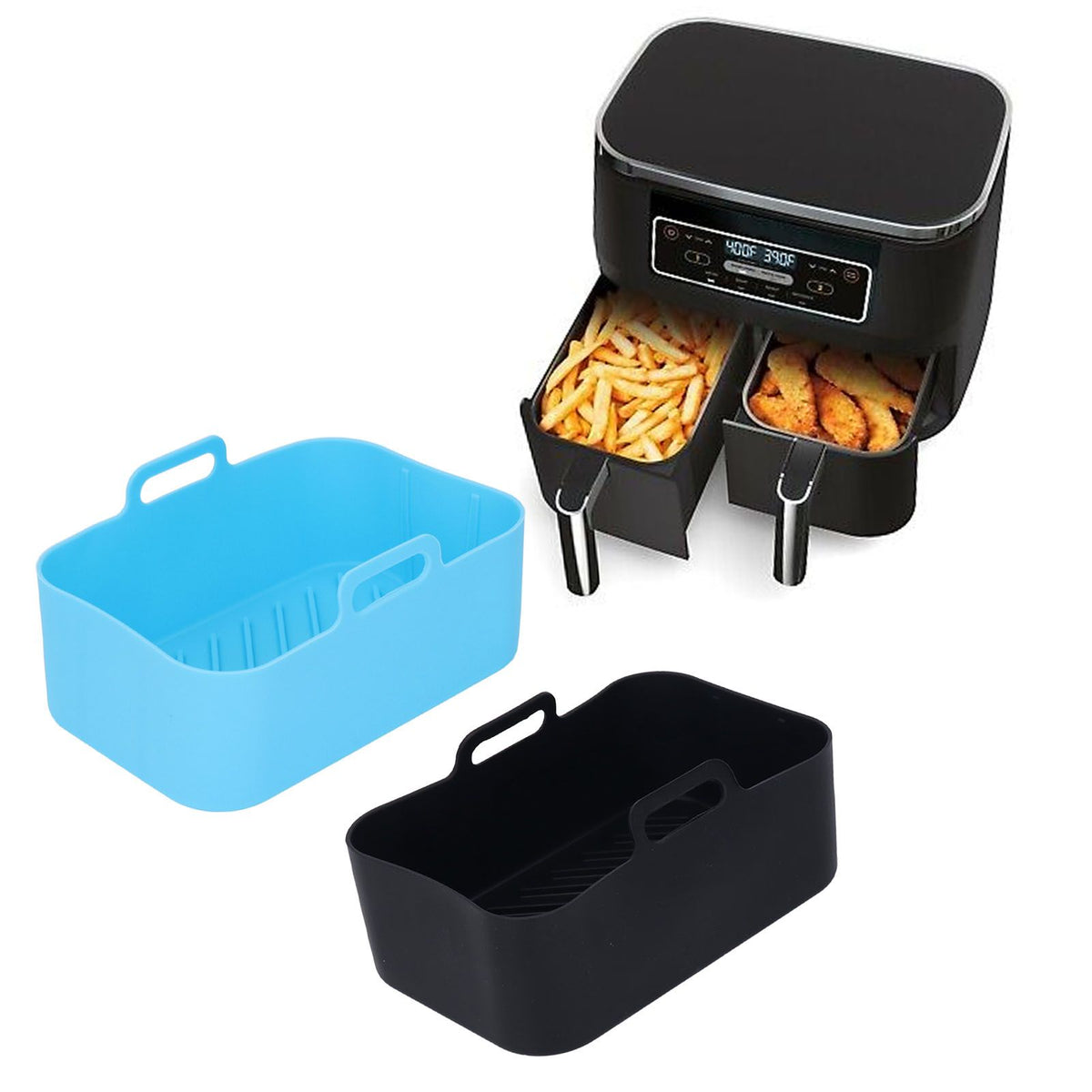 2pcs Fryer Silicone Pot Non Stick Reusable Liner Basket Replacement for Ninja DZ201 Foodi 8QT Blue and Black
