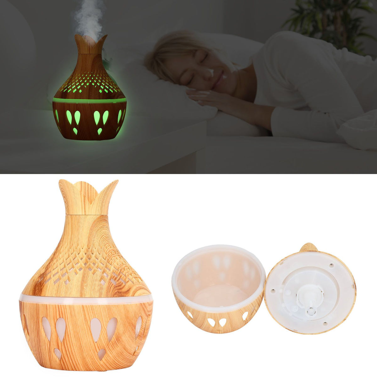 Aromatherapy Humidifier 300ml USB Powered Wood Grain Desktop Humidifier with LED Color Light for Home Bedroom