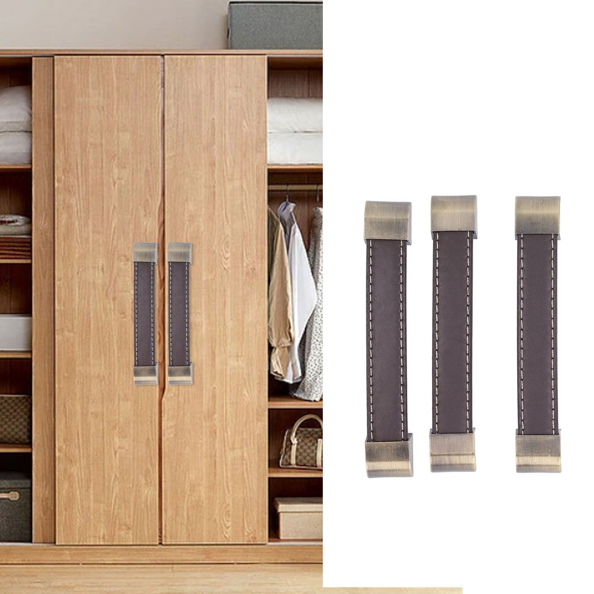 3Pcs Wardrobe Door Leather Handle Antique Drawer Pull Handle Luggage Wine Box Handle Brown