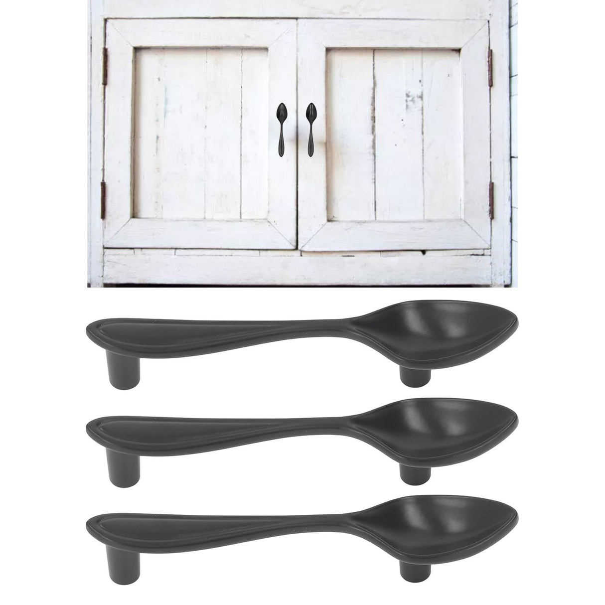 3Set Door Handles Thickened Cutlery Tableware Shaped Cabinet Pulls for Drawer Wardrobe Bookshelves Black Spoon