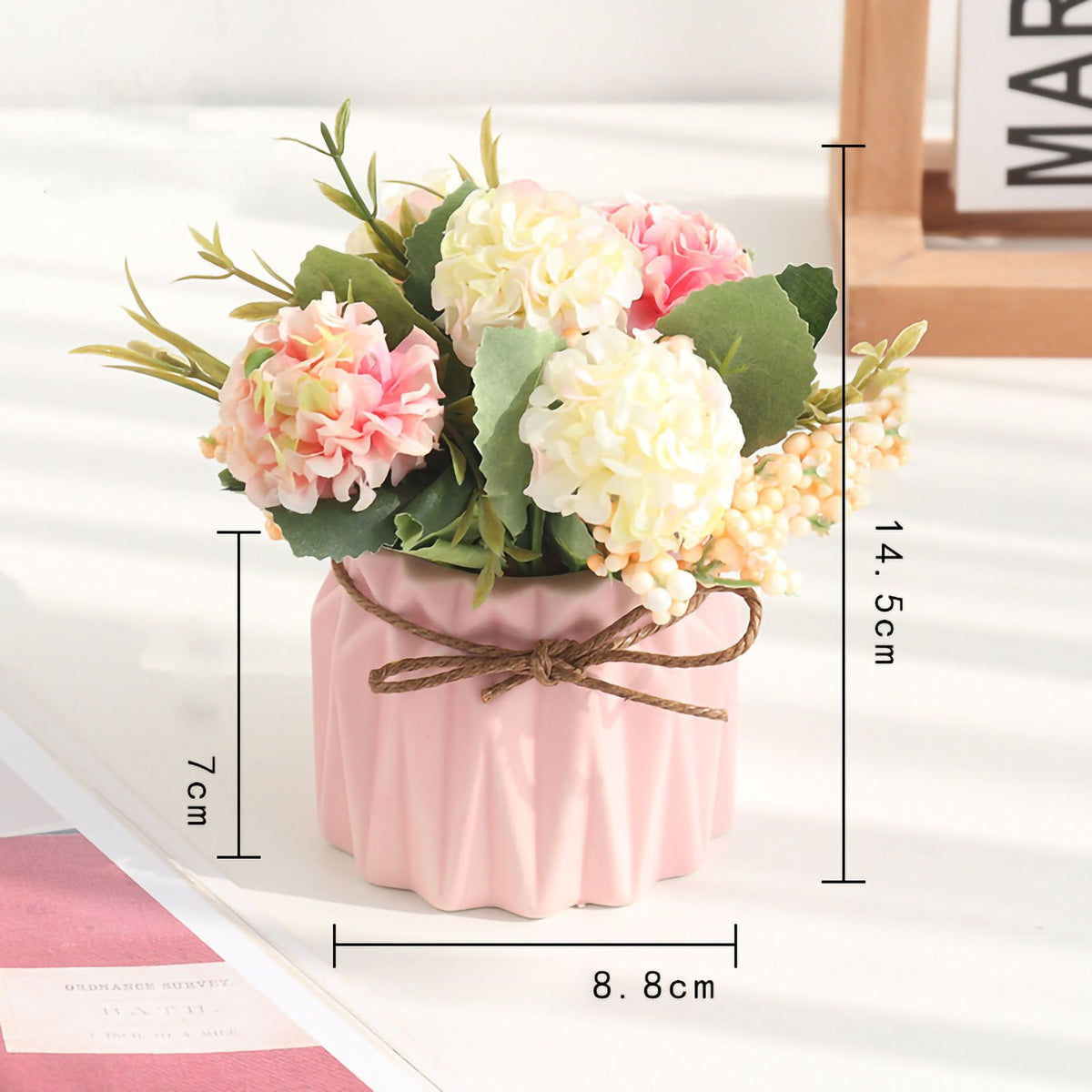 Artificial Fake Potted Flowers Bouquet Hydrangea with Vase for Dining Table Decoration Pink