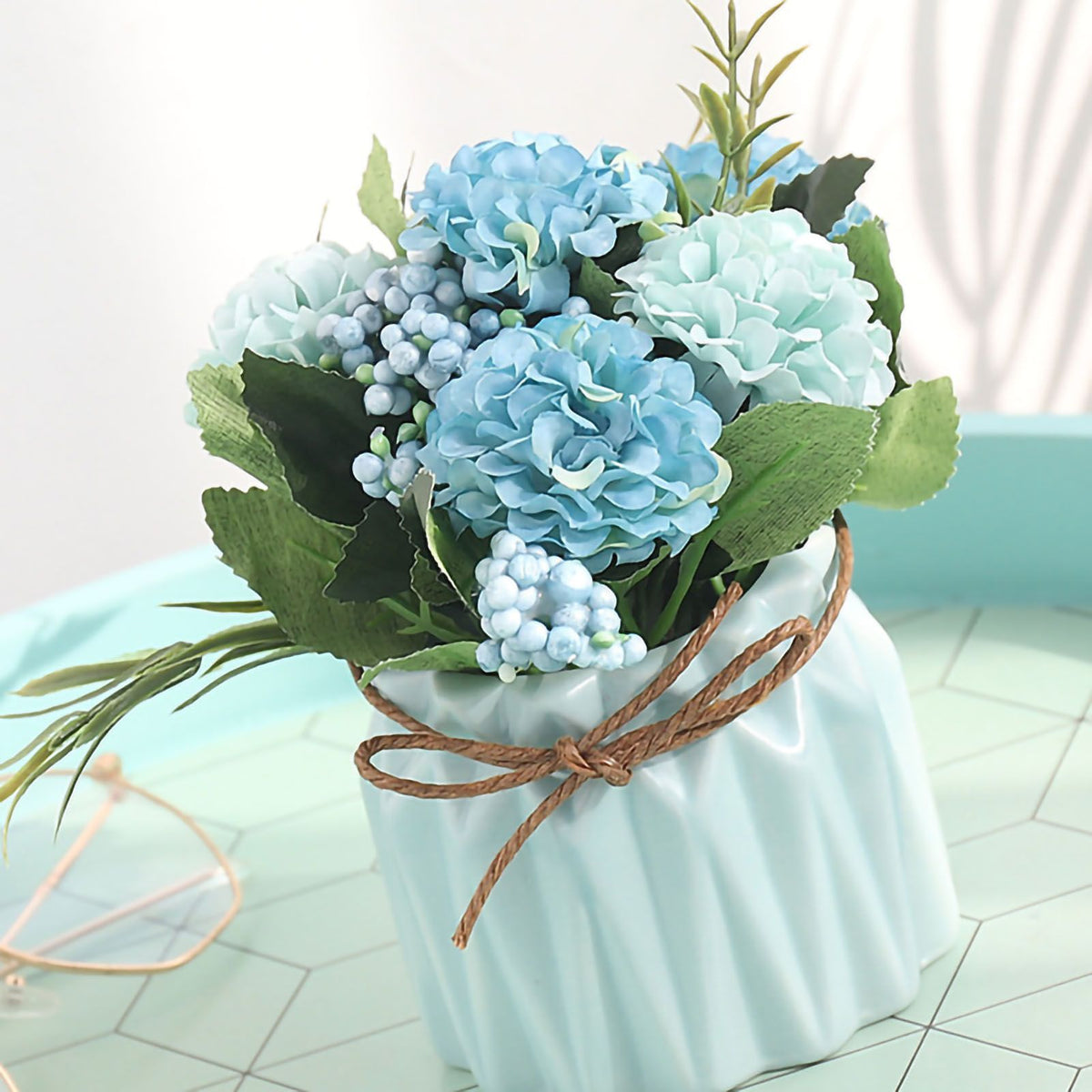 Artificial Fake Potted Flowers Bouquet Hydrangea with Vase for Dining Table Decoration Blue