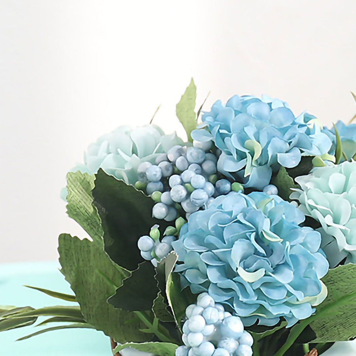 Artificial Fake Potted Flowers Bouquet Hydrangea with Vase for Dining Table Decoration Blue