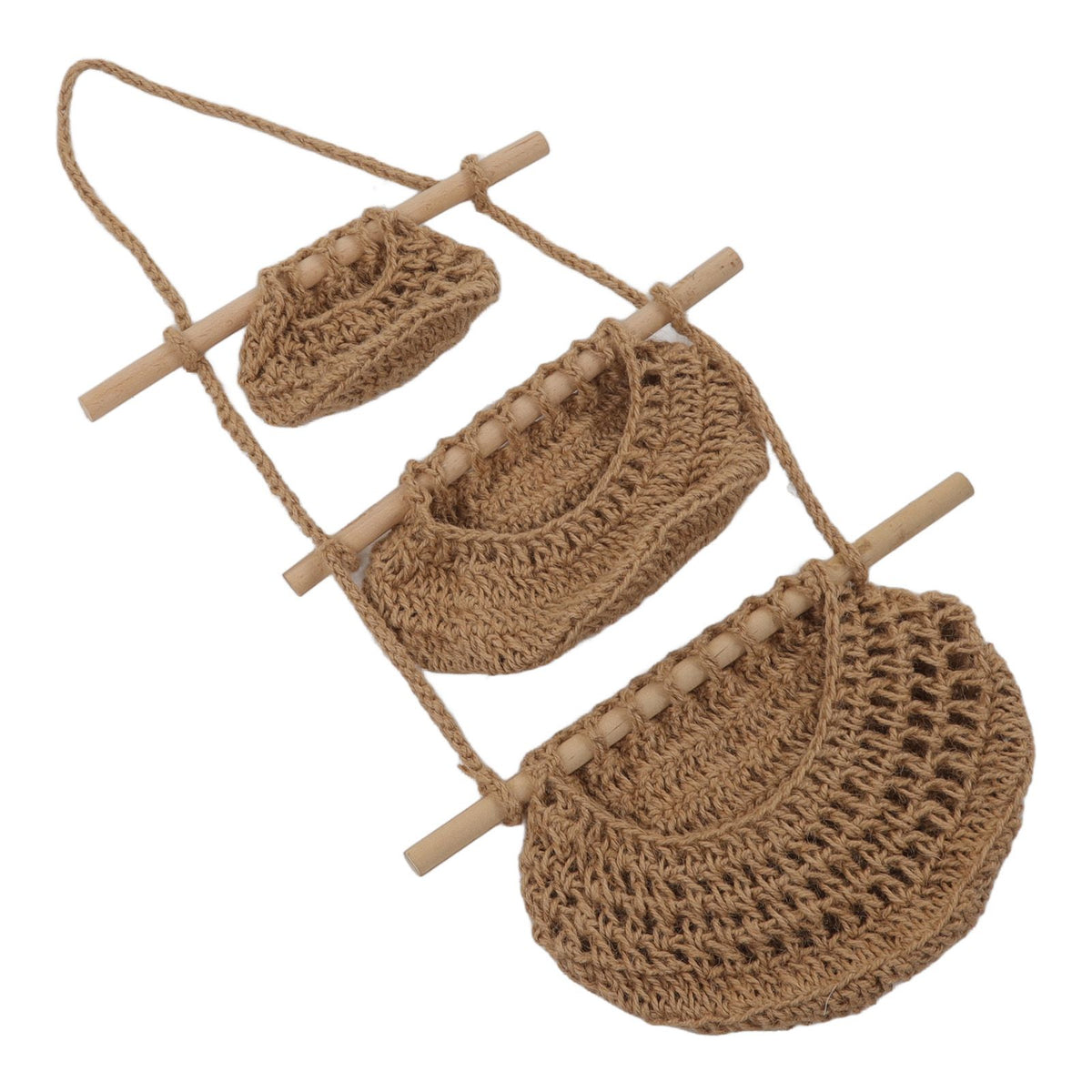 Hanging Fruit Basket 3 Tier Wall Mounted Handcraft Hemp Rope Wood 3 Tier Hanging Wall Basket for Toys Pet Plush Toys Dolls