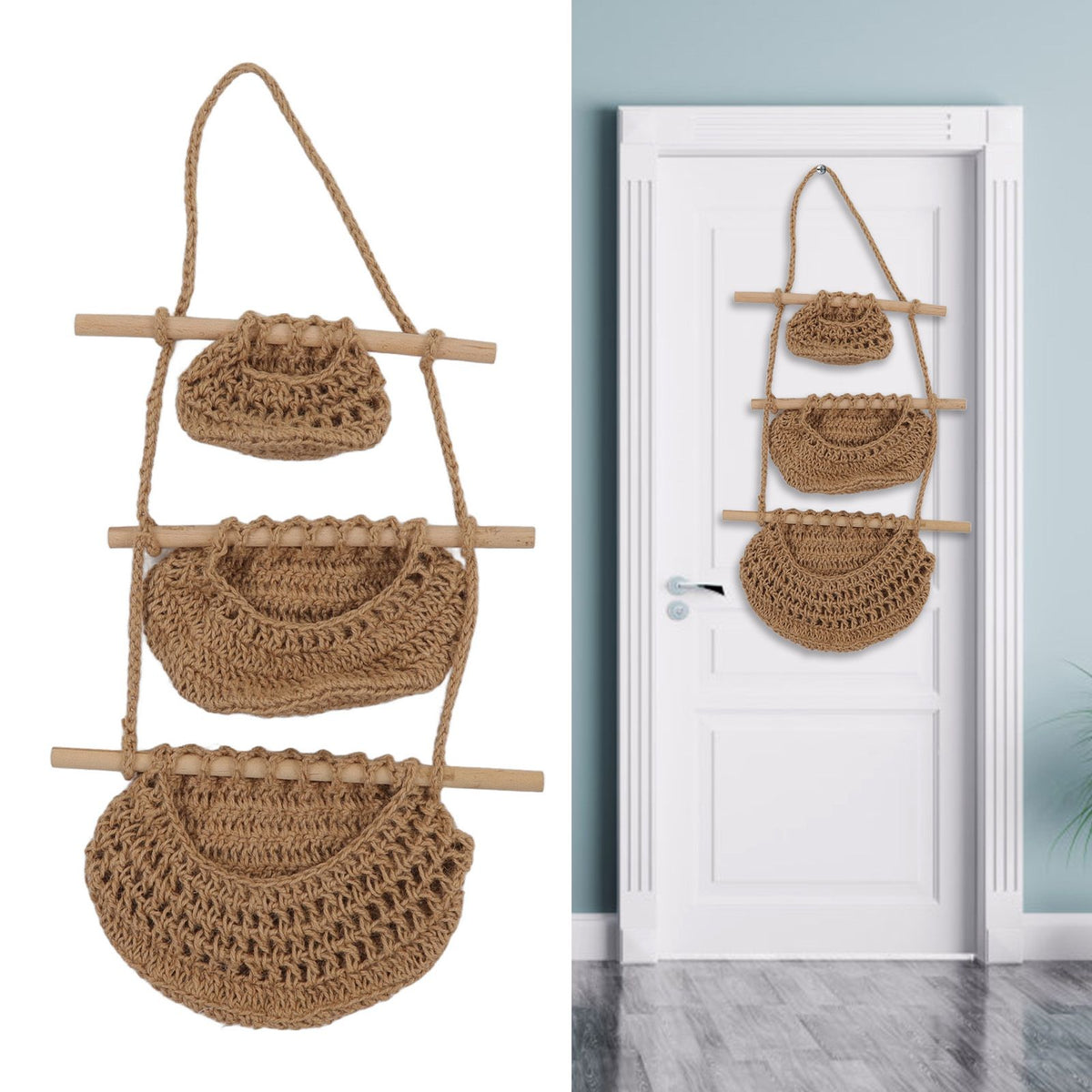 Hanging Fruit Basket 3 Tier Wall Mounted Handcraft Hemp Rope Wood 3 Tier Hanging Wall Basket for Toys Pet Plush Toys Dolls