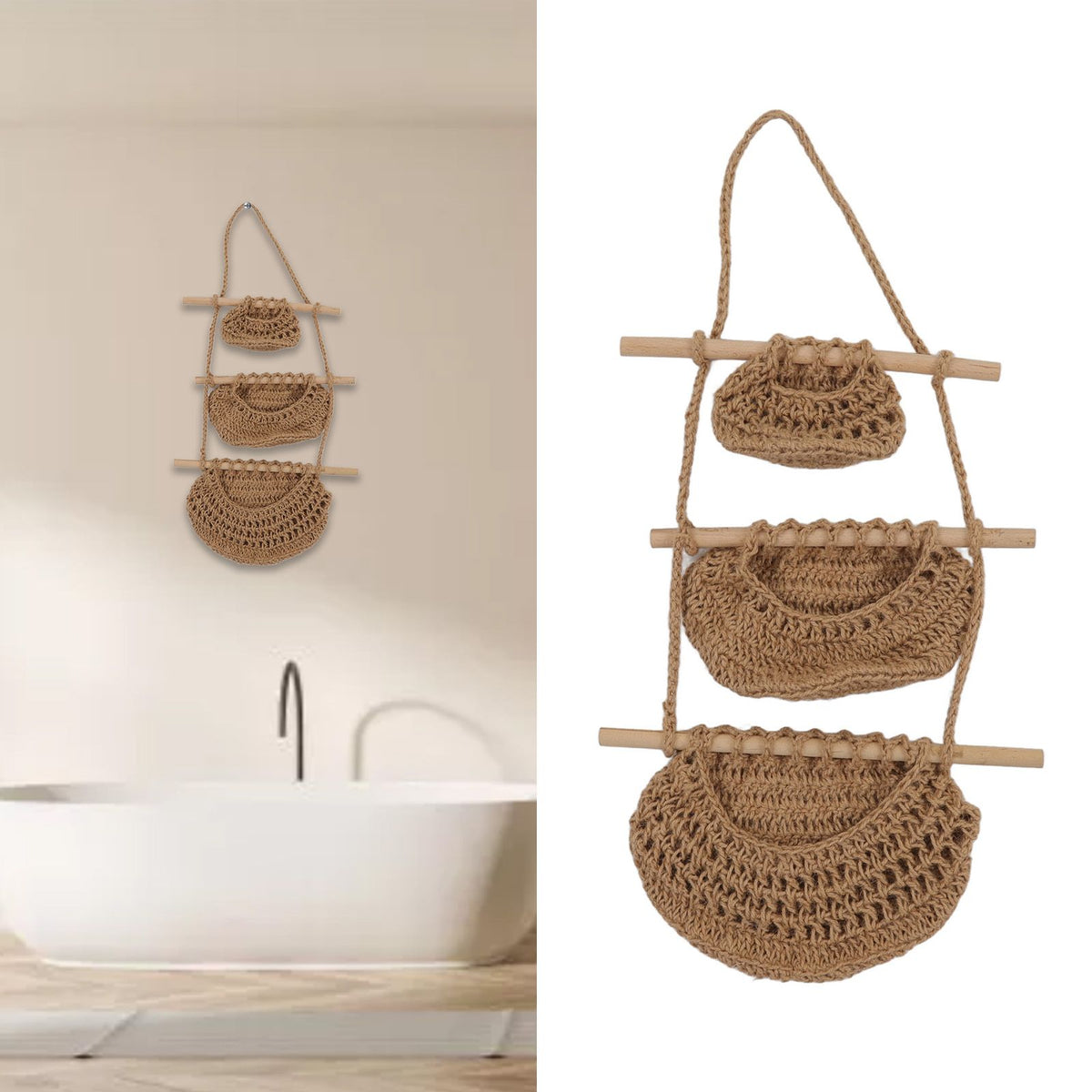 Hanging Fruit Basket 3 Tier Wall Mounted Handcraft Hemp Rope Wood 3 Tier Hanging Wall Basket for Toys Pet Plush Toys Dolls