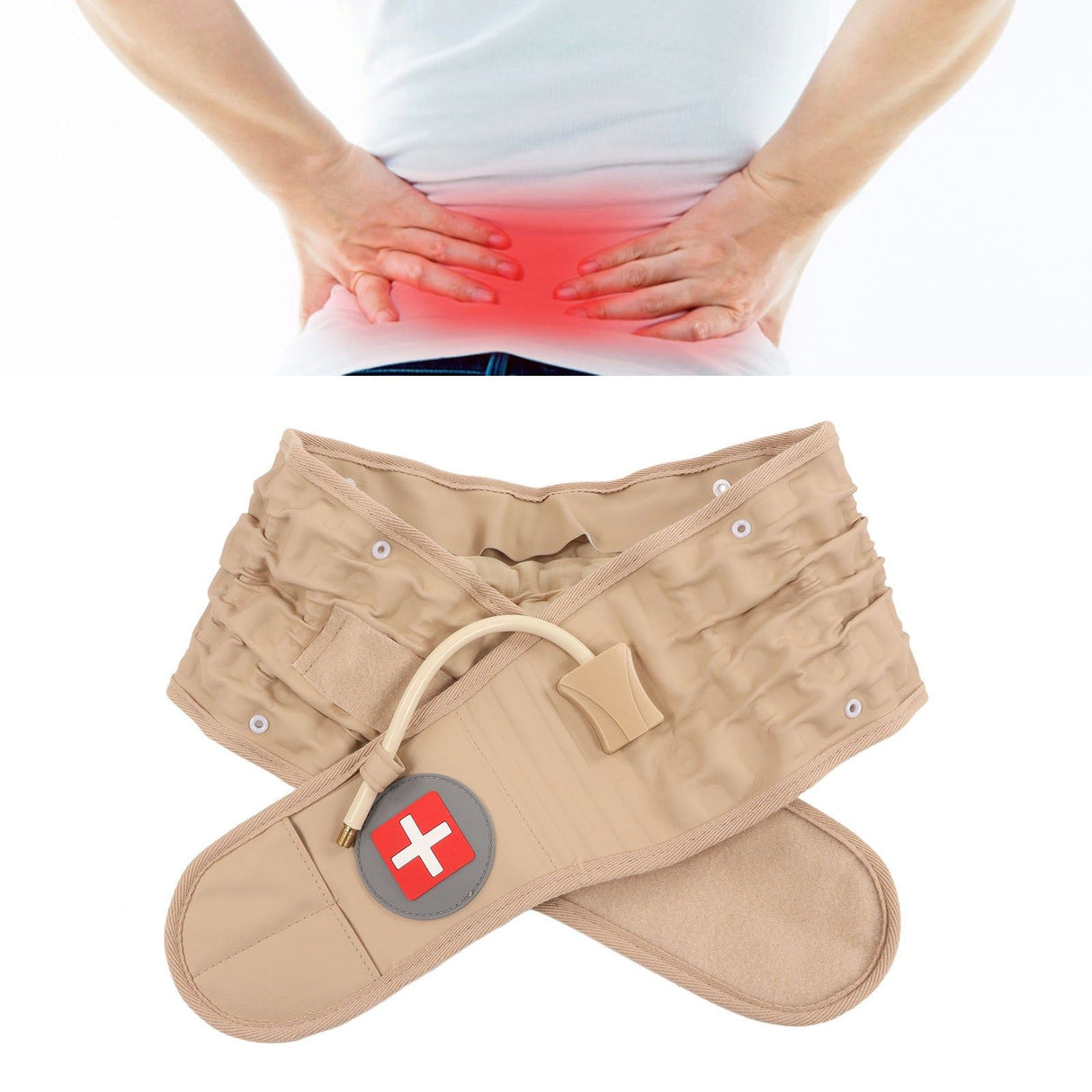 Back Decompression Belt Inflatable Relaxing Muscles Traction Function TPU Material Lower Back Support Device Khaki Silver Inflator L