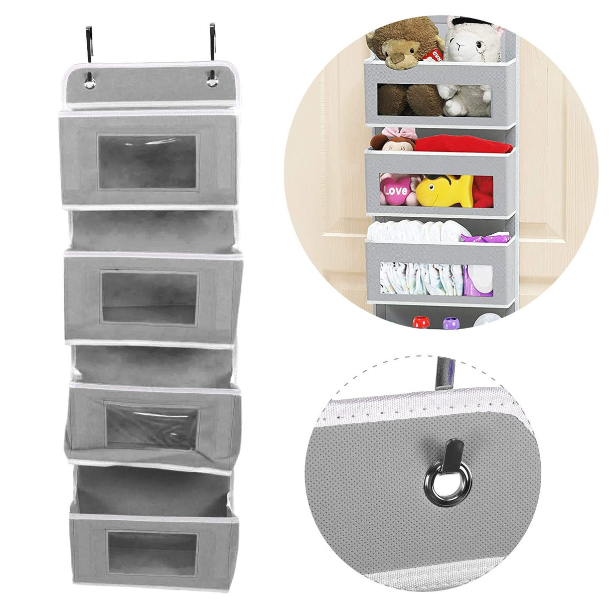 Hanging Closet Organizer Multilayer Strong Load Bearing Capacity Nonwoven Over Door Organizer Hanging Organizer with 2 Hooks Grey 4 Compartments