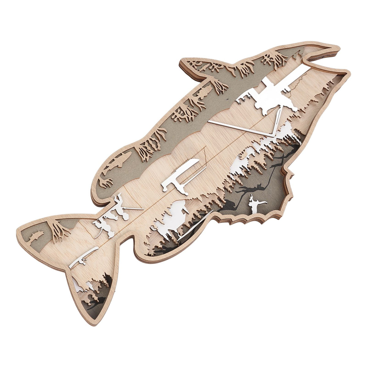 Wooden Hollowed Fish Figurine Multilayer Boxwood Decorative Wooden Hollowed Fish Striped for Home Office Canteen Salmon