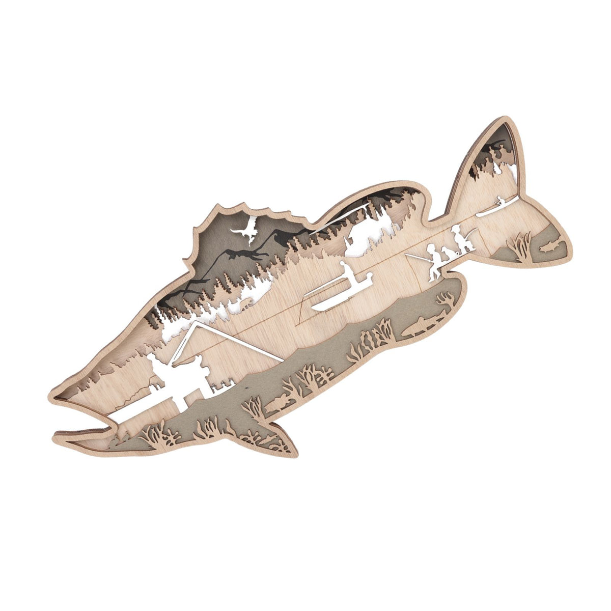 Wooden Hollowed Fish Figurine Multilayer Boxwood Decorative Wooden Hollowed Fish Striped for Home Office Canteen Salmon