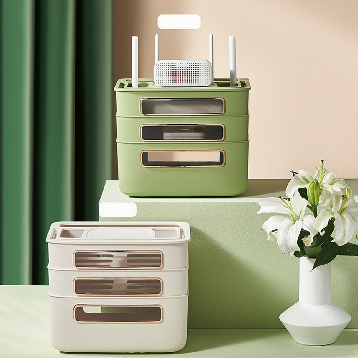 Router Storage Box Multi Hole Detachable Design Plastic Anti Drop Cable Management Case White 3 Layer