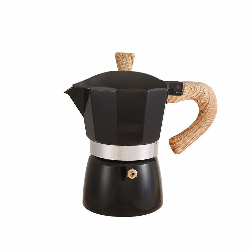 Aluminum Coffee Pot with Wood Grain Handle Moka Coffee Pot Outdoor Portable Coffee Maker Tool Matte Black 150ML