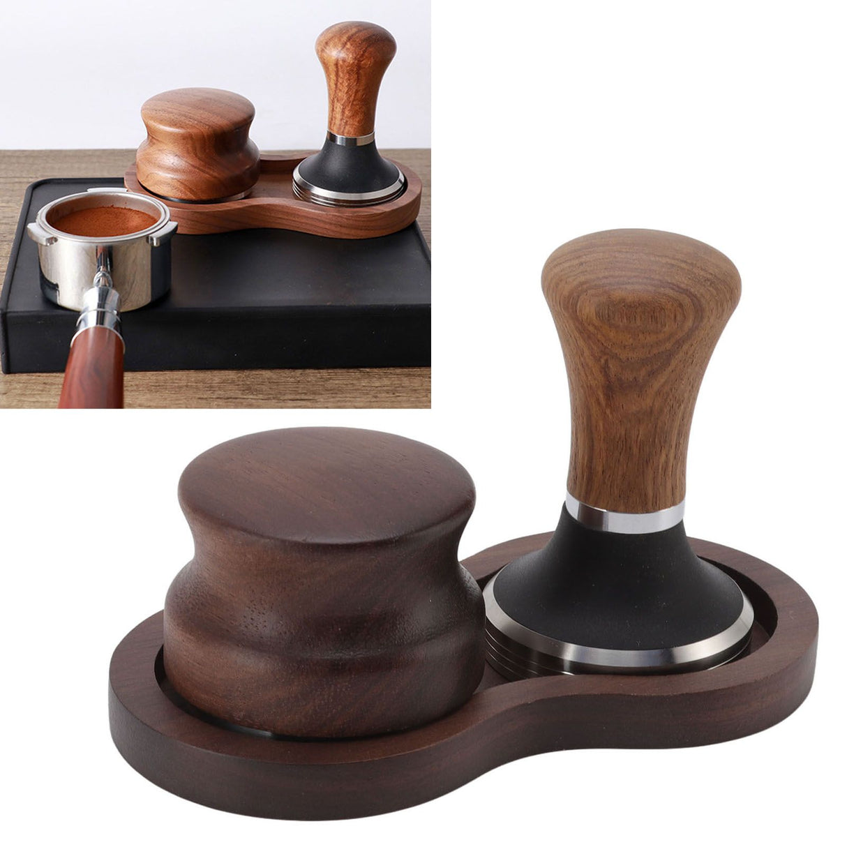 Coffee Hammer Tamping Kit Walnut Stainless Steel Tamper Distributor Set with Universal Base for Kitchen 51mm/2in