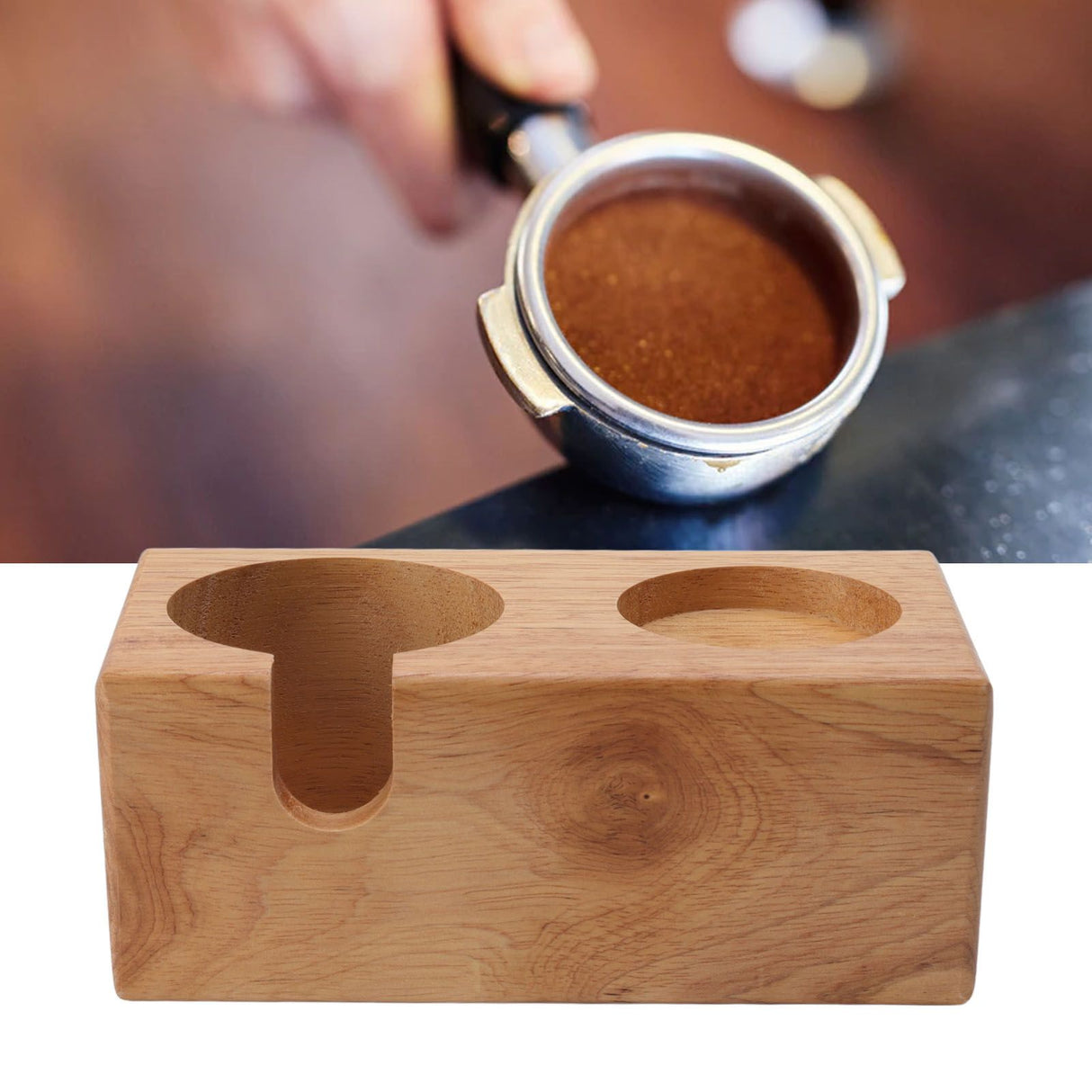 Wooden Coffee Protafilter Stand Holder Coffee Tamper Holder Stand Tamping Station Burlywood