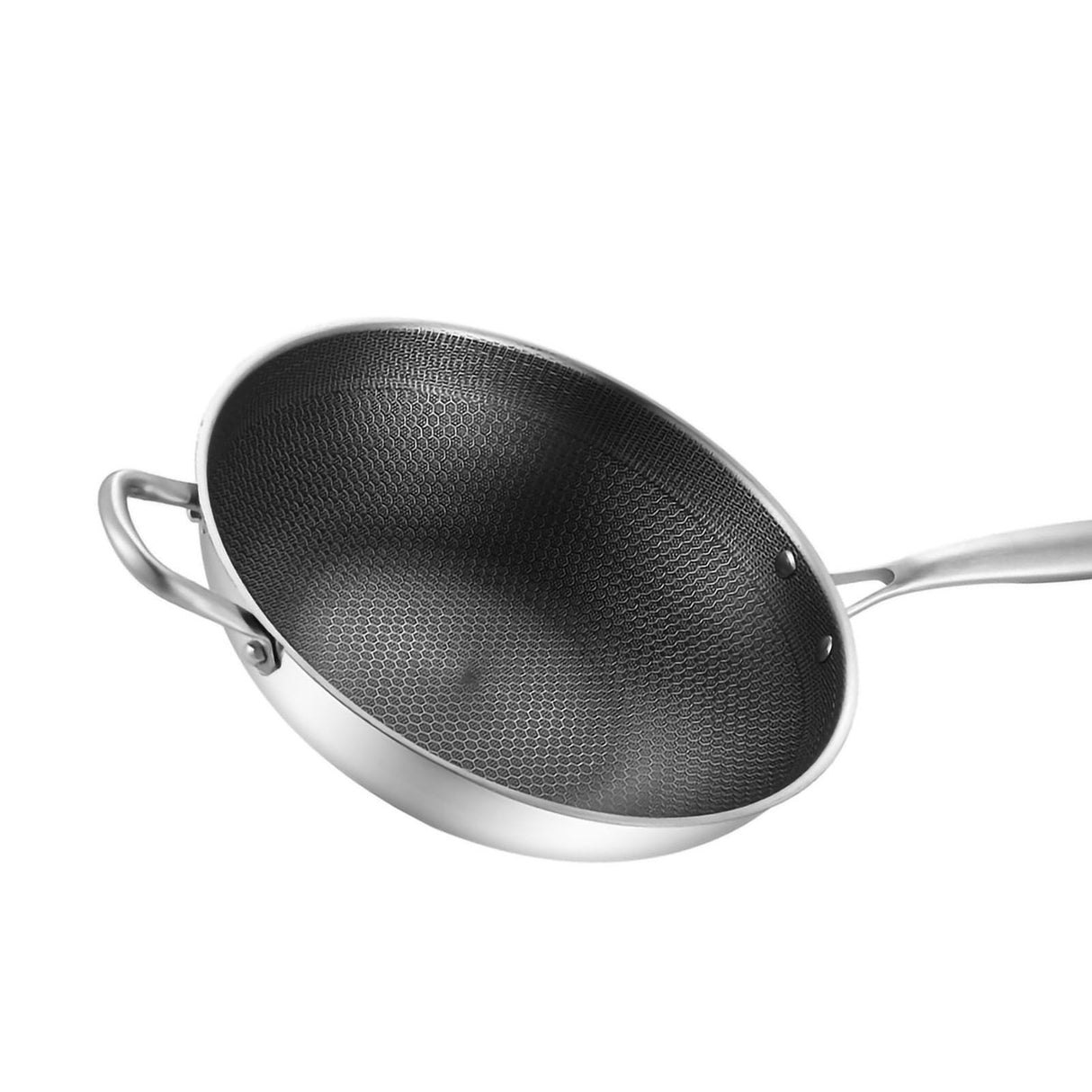 Stainless Steel Wok Pan Double Sided Honeycomb 3 Layer Prevent Sticking Easy Cleaning Wok for Kitchen 32cm/12.6in (No Lid and with Ears)