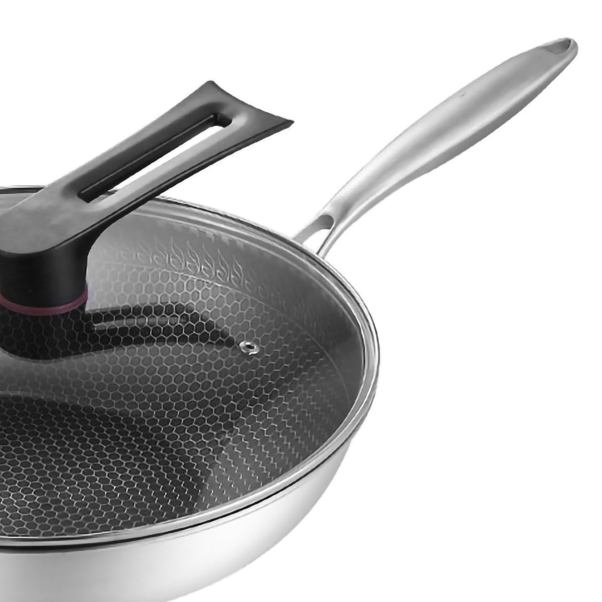 Stainless Steel Wok Pan Double Sided Honeycomb 3 Layer Prevent Sticking Easy Cleaning Wok for Kitchen 32cm/12.6in (with Lid and No Ears)
