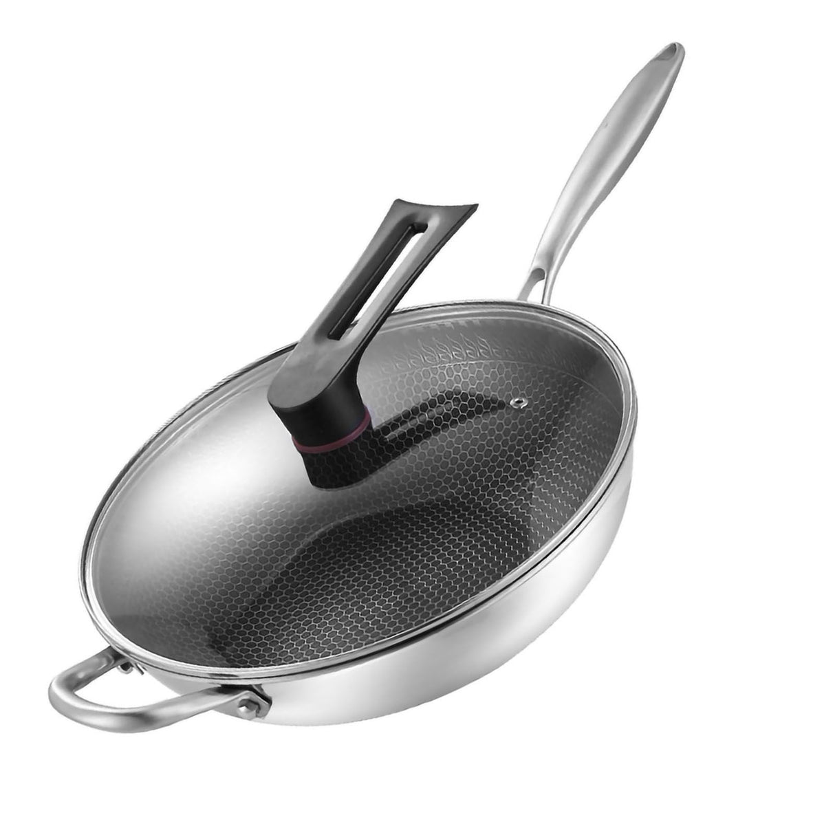 Stainless Steel Wok Pan Double Sided Honeycomb 3 Layer Prevent Sticking Easy Cleaning Wok for Kitchen 32cm/12.6in (with Cover and Ears)