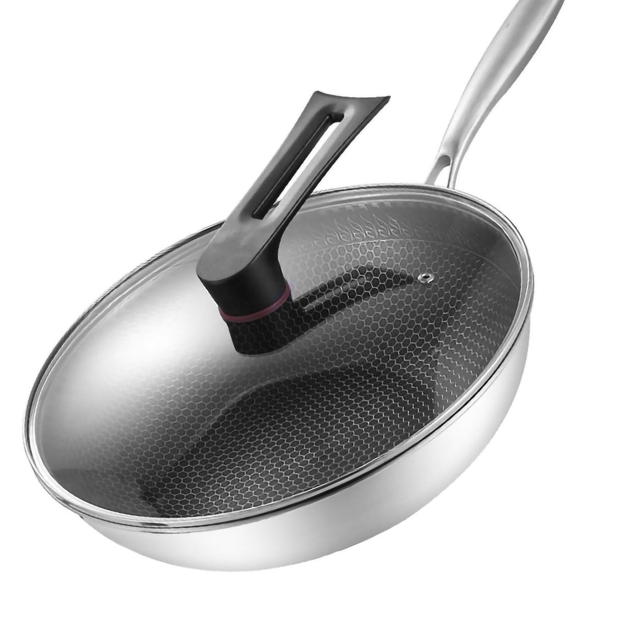 Stainless Steel Wok Pan Double Sided Honeycomb 3 Layer Prevent Sticking Easy Cleaning Wok for Kitchen 34cm/13.4in (with Lid and No Ears)