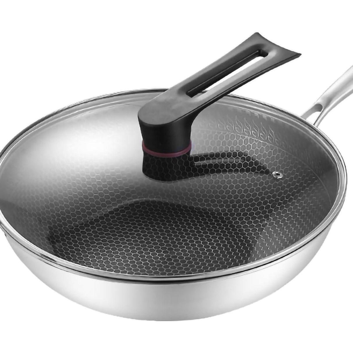 Stainless Steel Wok Pan Double Sided Honeycomb 3 Layer Prevent Sticking Easy Cleaning Wok for Kitchen 34cm/13.4in (with Lid and No Ears)
