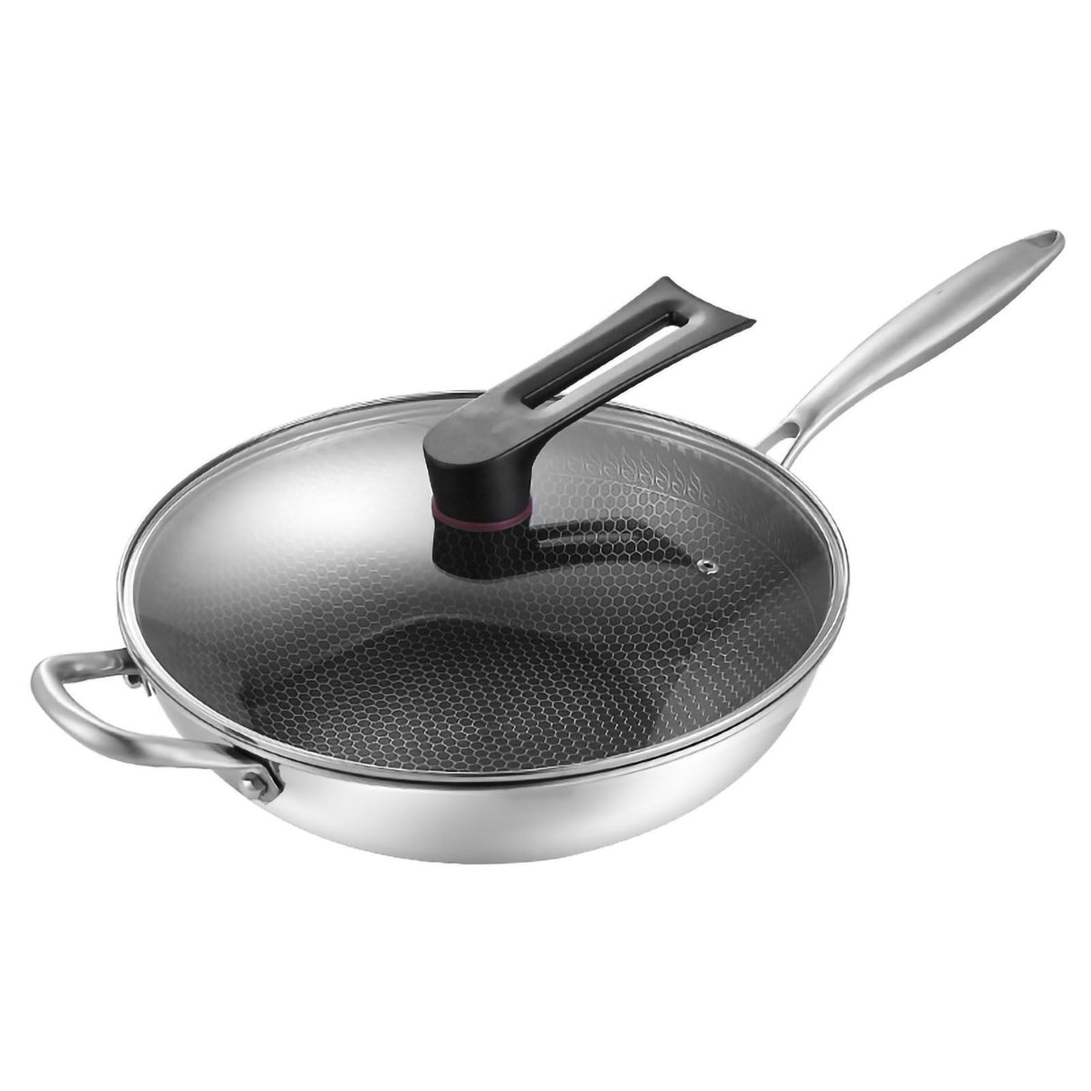 Stainless Steel Wok Pan Double Sided Honeycomb 3 Layer Prevent Sticking Easy Cleaning Wok for Kitchen 34cm/13.4in (with Cover and Ears)