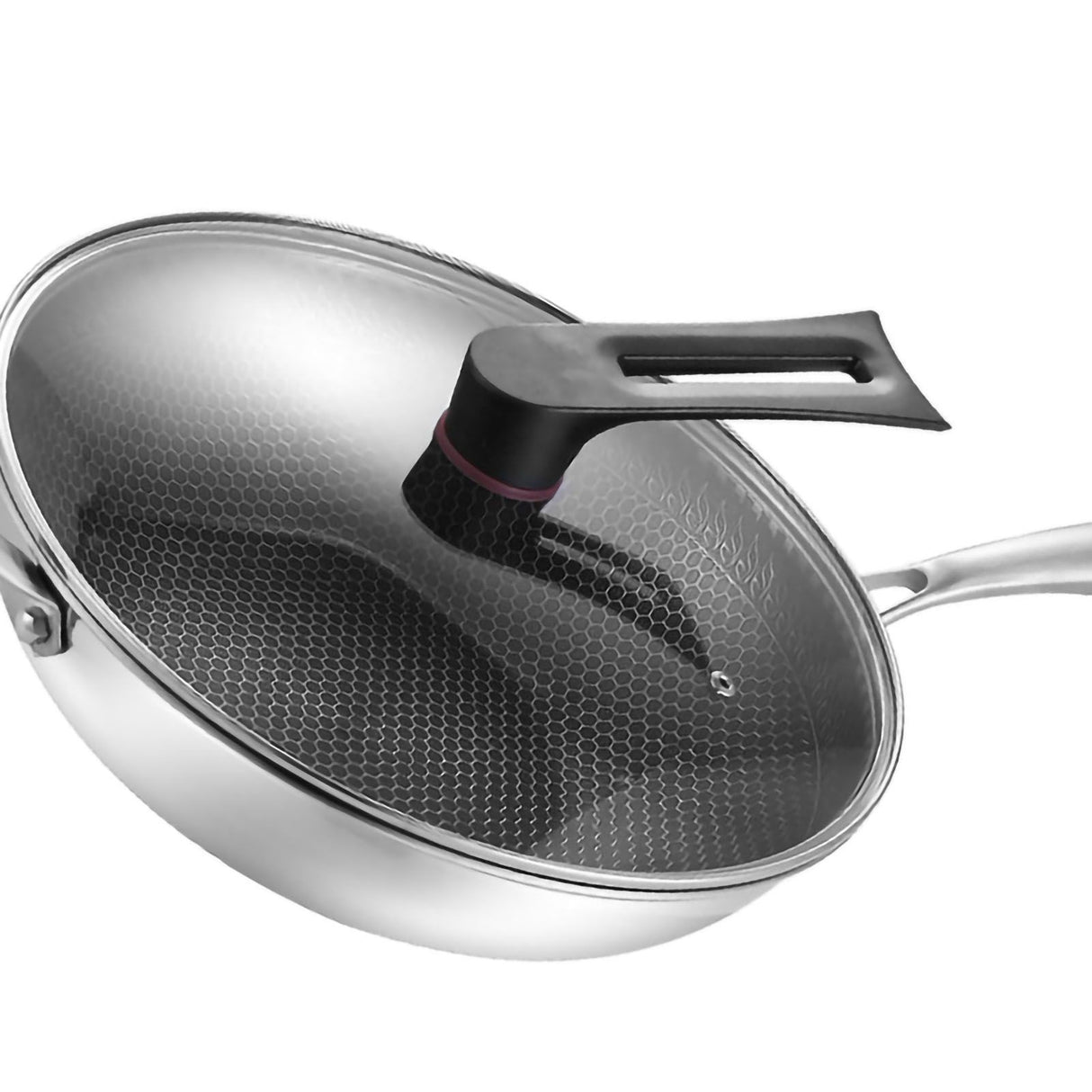 Stainless Steel Wok Pan Double Sided Honeycomb 3 Layer Prevent Sticking Easy Cleaning Wok for Kitchen 34cm/13.4in (with Cover and Ears)