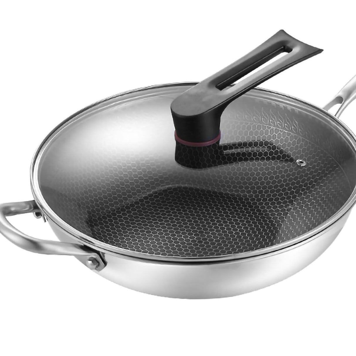 Stainless Steel Wok Pan Double Sided Honeycomb 3 Layer Prevent Sticking Easy Cleaning Wok for Kitchen 34cm/13.4in (with Cover and Ears)