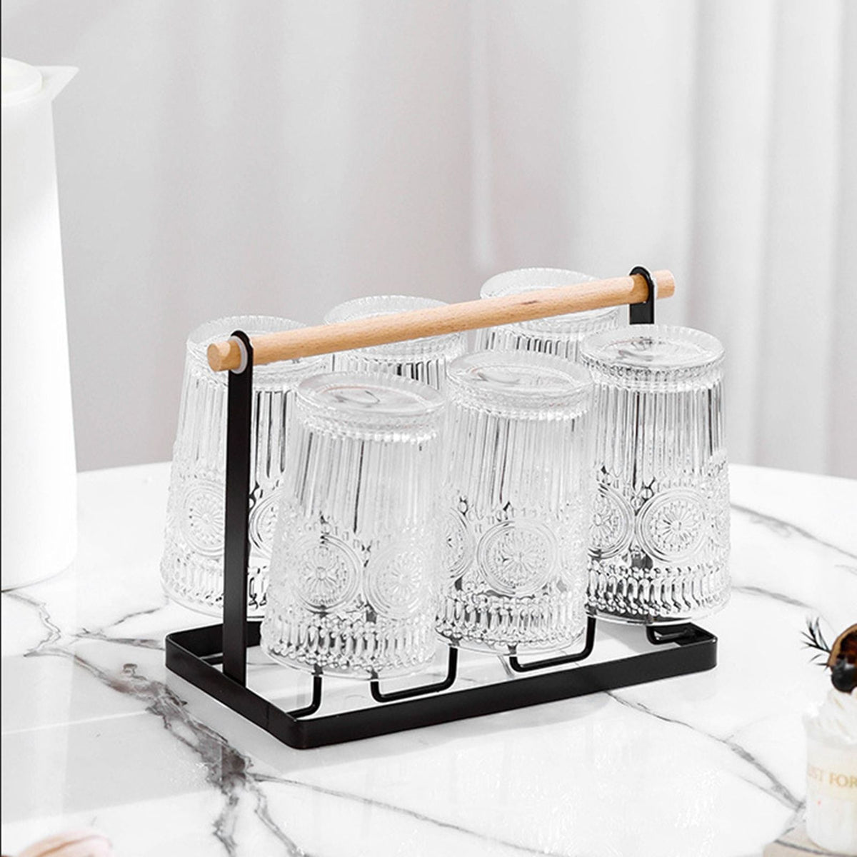 Cup Drying Rack 6 Hooks Wooden Handle Electroplating Iron Art Space Saving 13x23.5x18.5cm Mug Organizers for Home Office Bronze