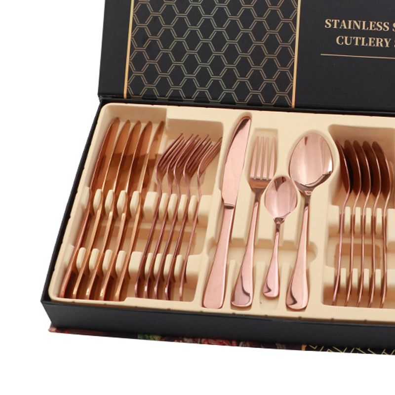 Flatware Set Stainless Steel Glossy 24 Pieces Steak Knife Fork Spoon Set for Restaurant Rose Gold