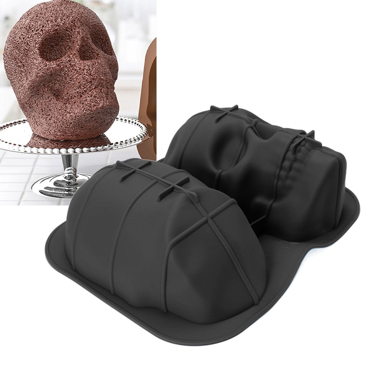 Skull Head Baking Mold Soft Silicone Halloween Skeleton Head Cake Mold for Cake Biscuit Chocolate Candy Ice Black