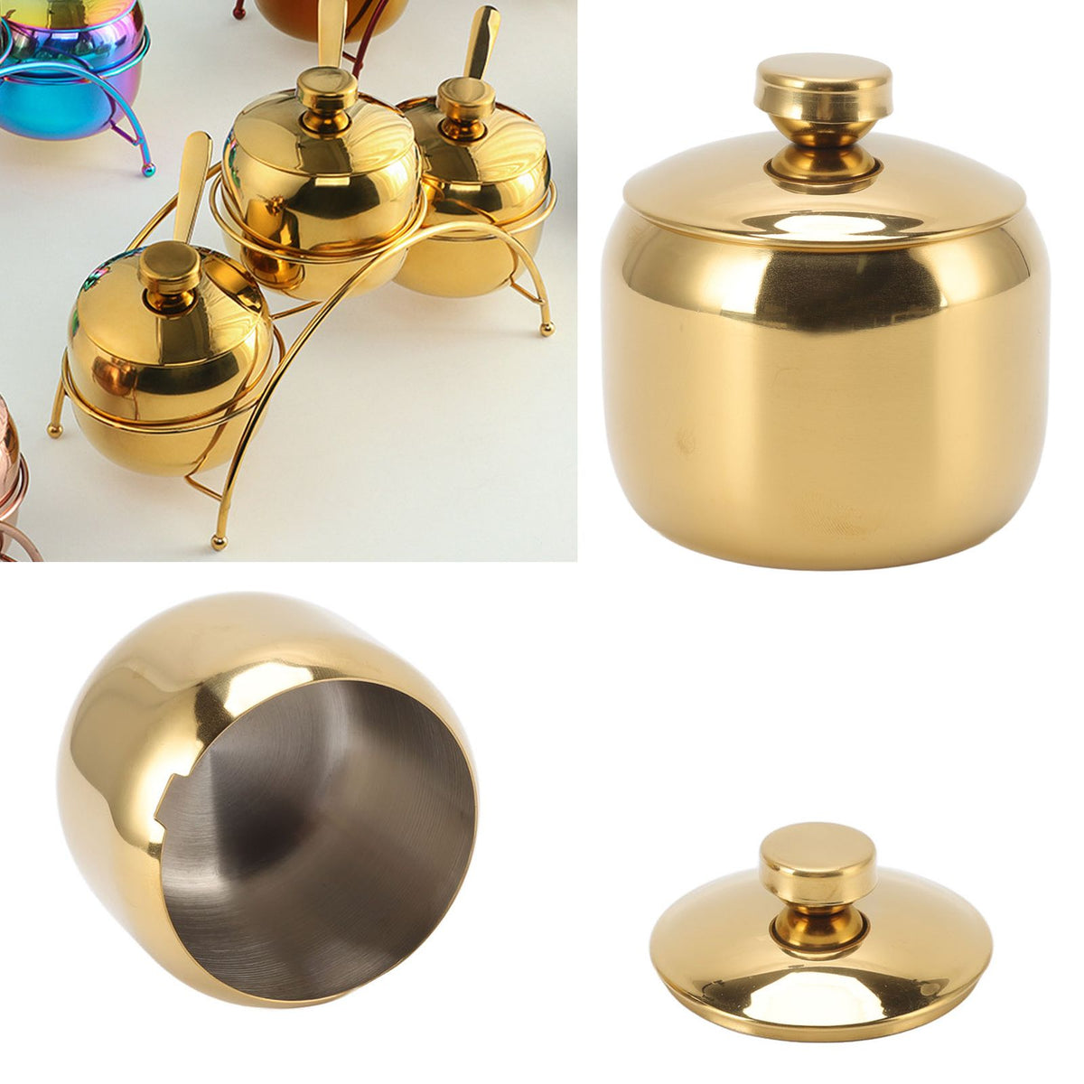 Stainless Steel Gold Seasoning Condiment Pot Spice Salt Sugar Pepper Container Jar Storage Organizer with Lid Gold