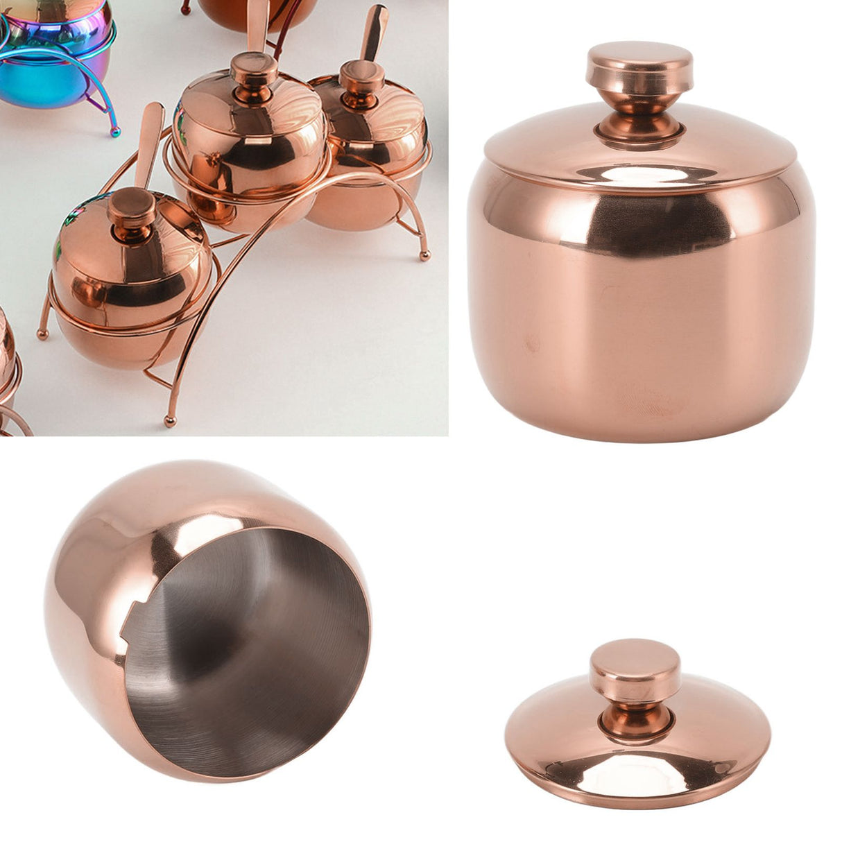 Stainless Steel Gold Seasoning Condiment Pot Spice Salt Sugar Pepper Container Jar Storage Organizer with Lid Rose Gold