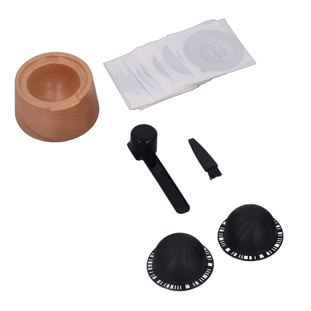 Coffee Capsule Filter Cup Kit Black with Beech Holder Aluminum Foil Spoon Brush 230ml Reusable Coffee Powder Filler