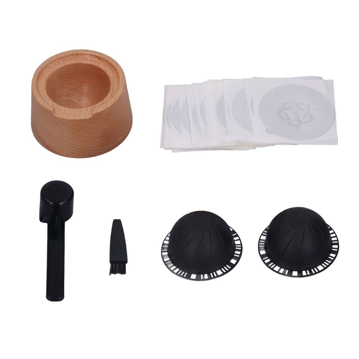 Coffee Capsule Filter Cup Kit Black with Beech Holder Aluminum Foil Spoon Brush 230ml Reusable Coffee Powder Filler