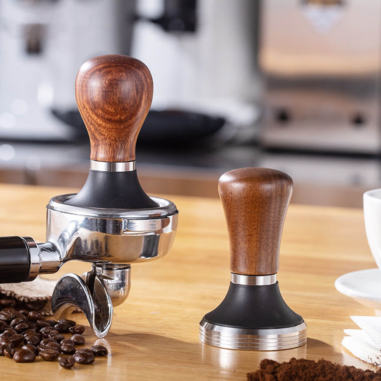 Coffee Tamper Stainless Steel Flat Bottom Coffee Hand Tamping Tool with Wooden Handle 58mm/2.3in