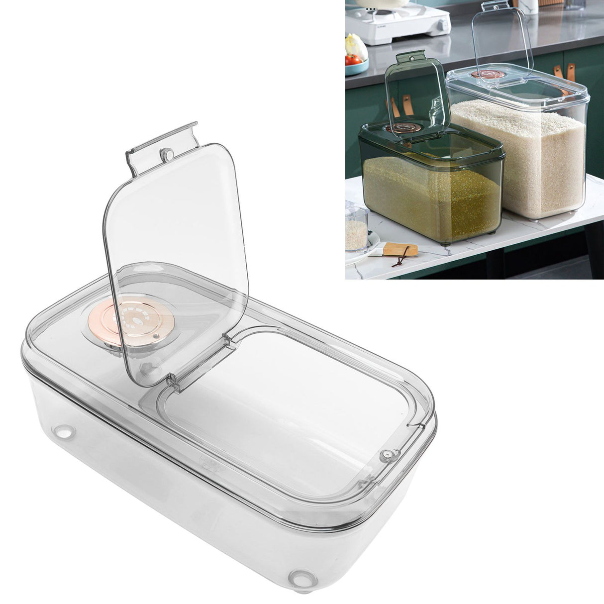 Transparent Rice Grain Storage Container Insect Proof Food Bucket Container with Flip Lid Measuring Cup 5KG Transparent White