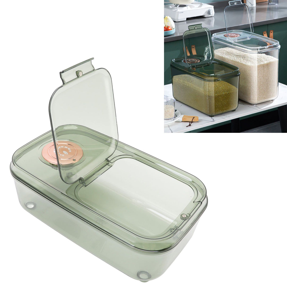 Transparent Rice Grain Storage Container Insect Proof Food Bucket Container with Flip Lid Measuring Cup 10KG Transparent Green