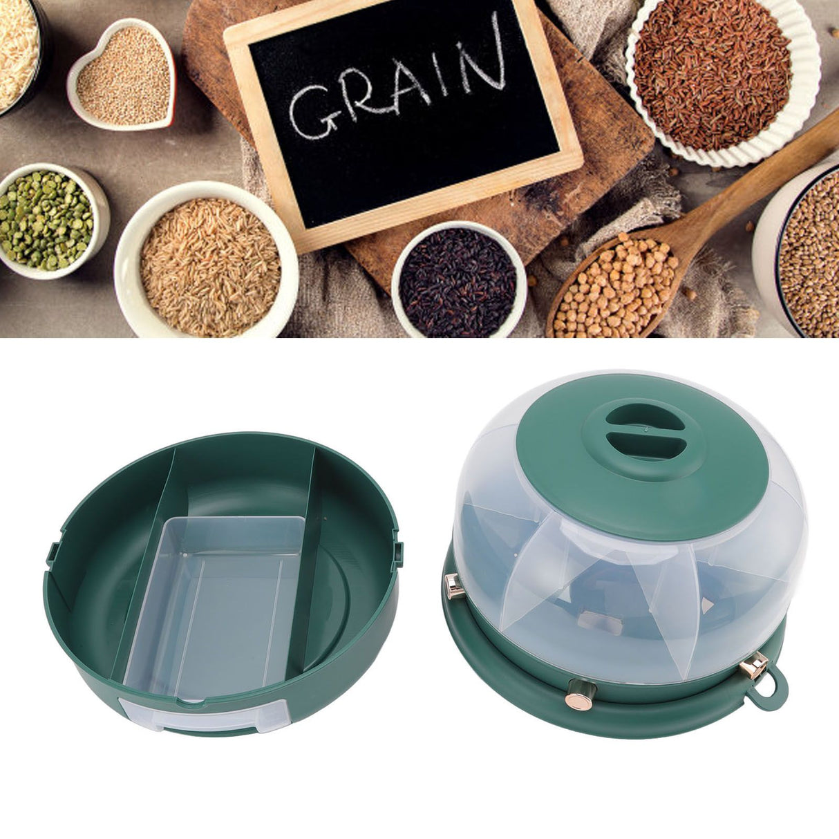 Stackable Grain Storage Container Single Layer 6 Grids Rotating Rice Dispenser for Kitchen Organization Dark Green