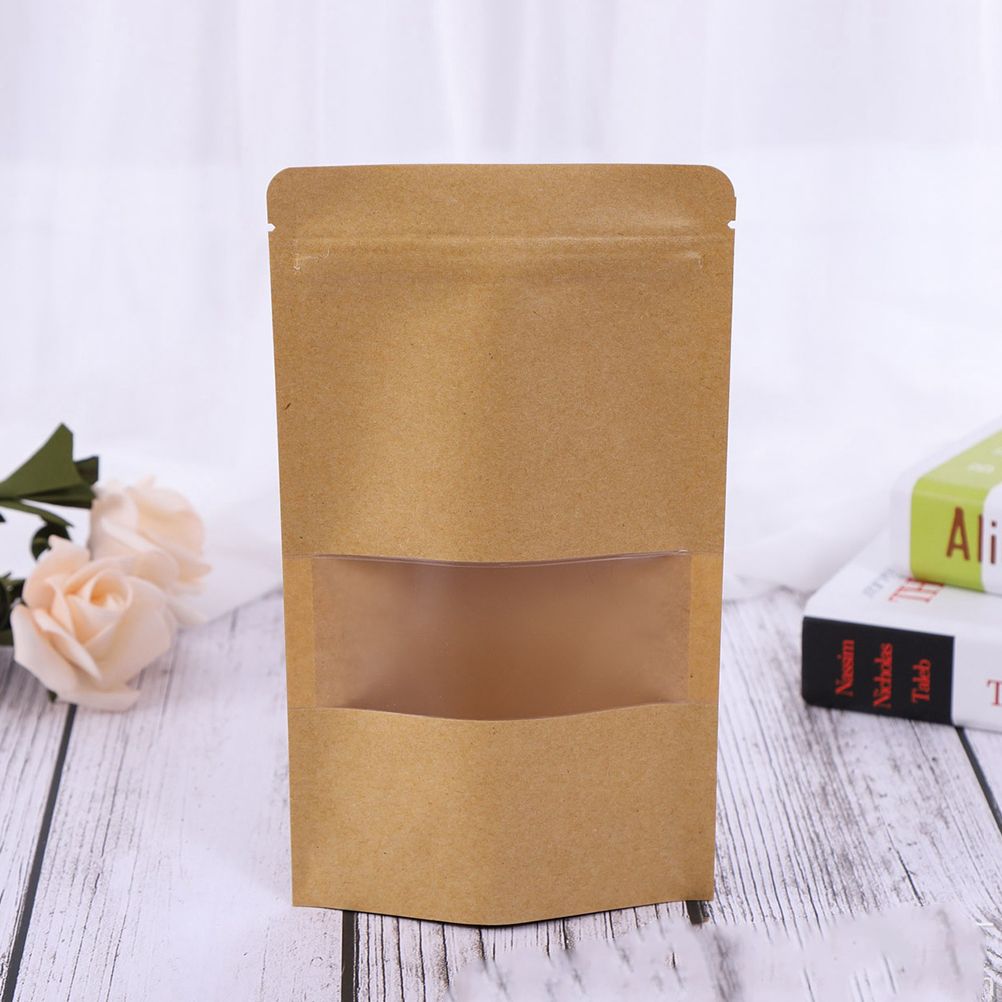 50Pcs Stand Up Pouch Bags Kraft Pouches with Tear Notch and Matte Window Resealable Zip Lock Food Storage Bags