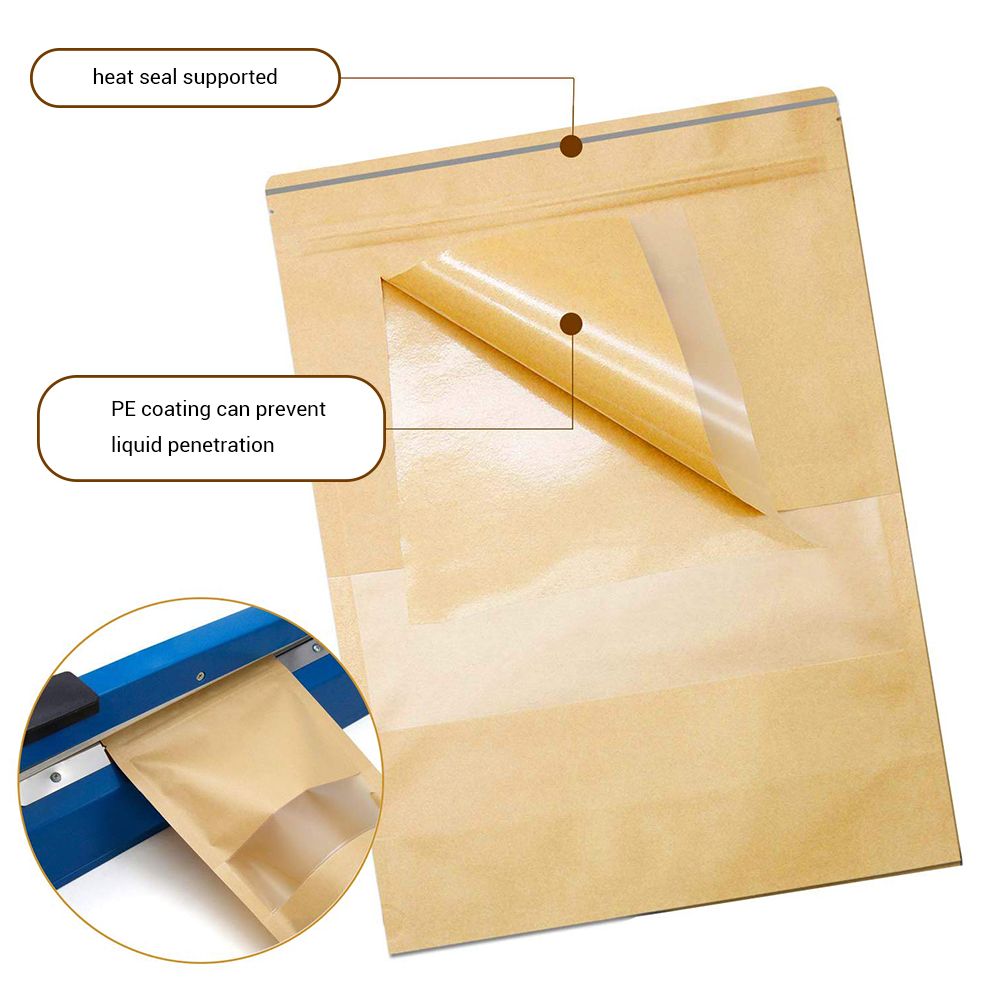50Pcs Stand Up Pouch Bags Kraft Pouches with Tear Notch and Matte Window Resealable Zip Lock Food Storage Bags