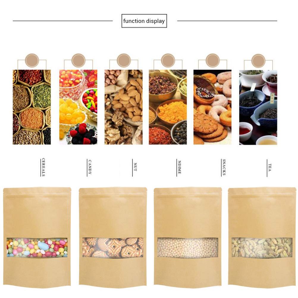 50Pcs Stand Up Pouch Bags Kraft Pouches with Tear Notch and Matte Window Resealable Zip Lock Food Storage Bags