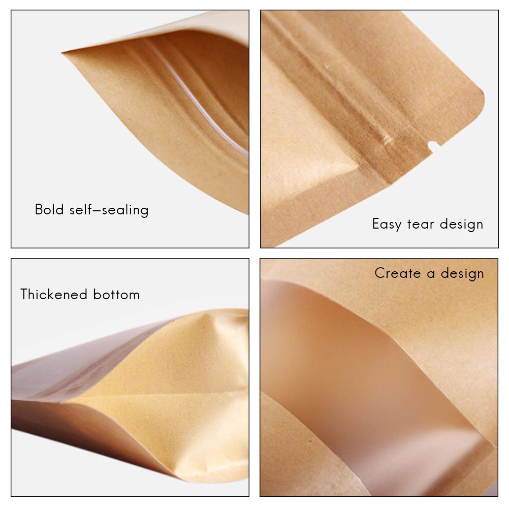 50Pcs Stand Up Pouch Bags Kraft Pouches with Tear Notch and Matte Window Resealable Zip Lock Food Storage Bags