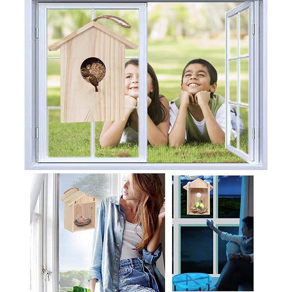 Birdhouse Bird Feeder Wooden Hanging Nest Box Outdoor Window Cage with Suction Cups