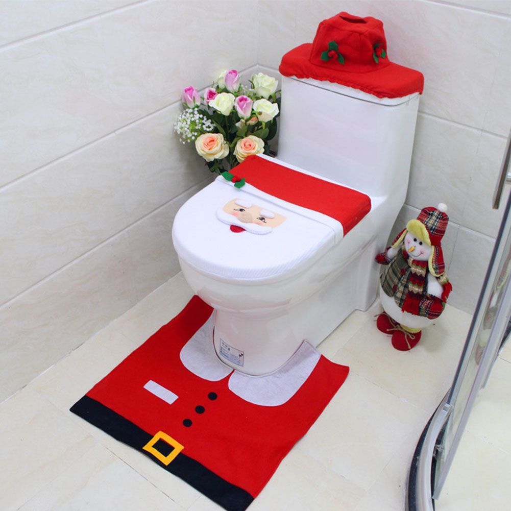 Christmas Pattern Mildew Proof Waterproof Bathroom Toilet Seat Cover Foot Pad and Water Tank Cover Set