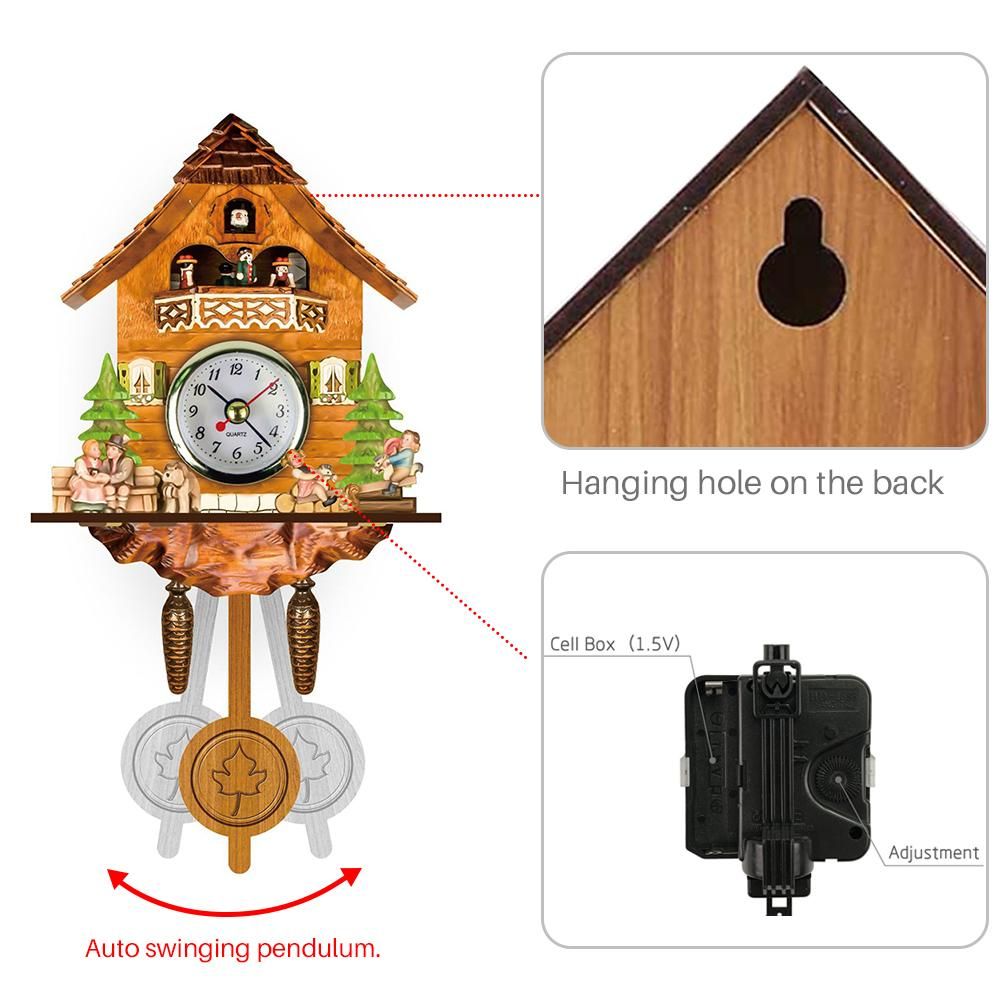 Cuckoo Clock Antique Wooden Cuckoo Birdhouse Wall Clock Home Decor Hanging Cuckoo Clock Auto Swing Bell Pendulum Home Decor