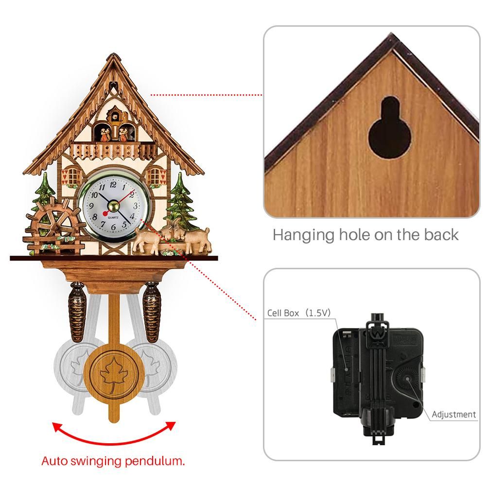Cuckoo Clock Antique Wooden Cuckoo Birdhouse Wall Clock Home Decor Hanging Cuckoo Clock Auto Swing Bell Pendulum Home Decor