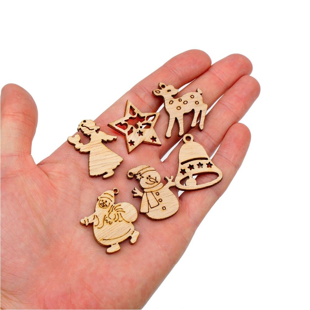 100Pcs Mix Wooden Christmas Tree Ornaments Mini Santa Claus Snowman Elk Snowflakes Christmas Tree Hanging Pendants