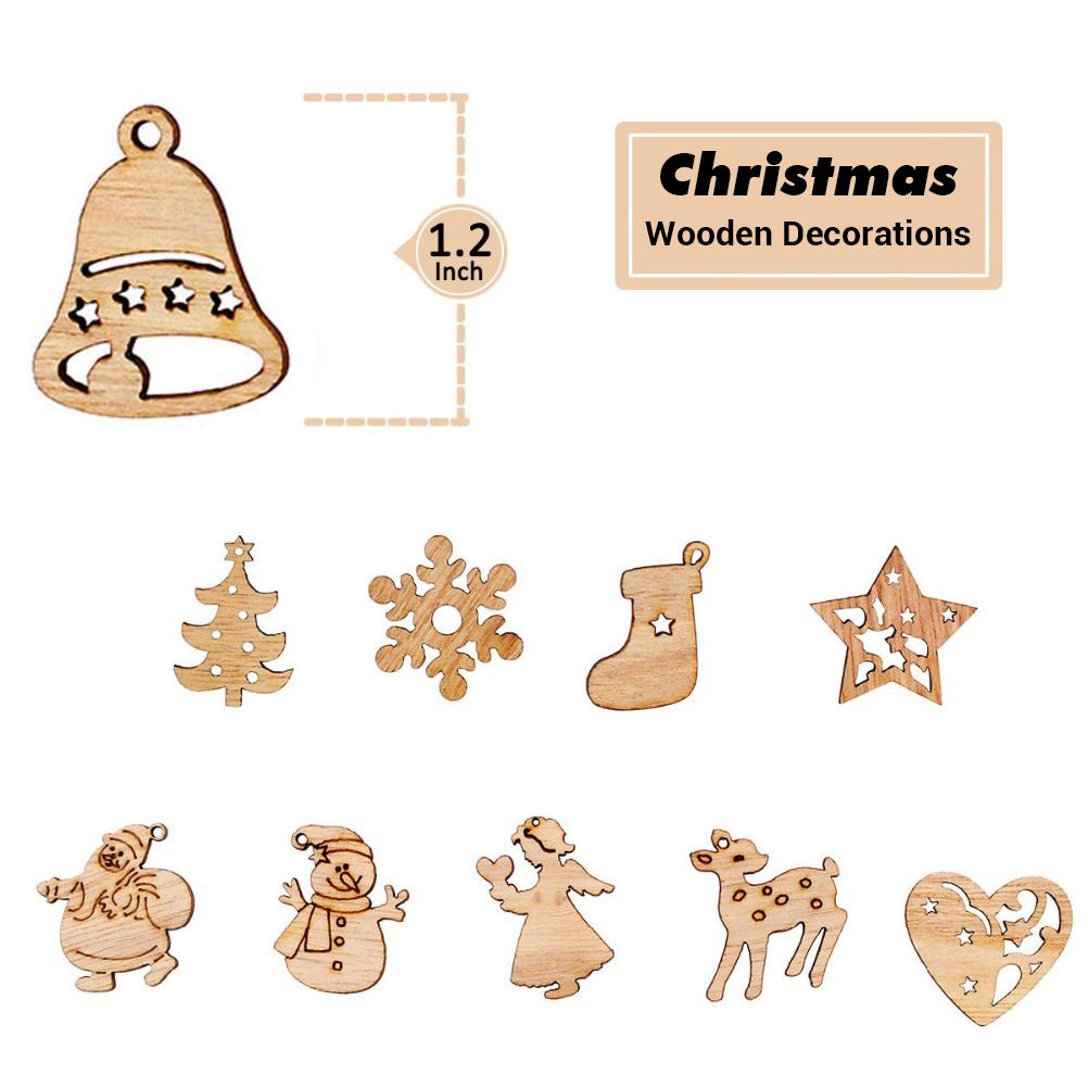 100Pcs Mix Wooden Christmas Tree Ornaments Mini Santa Claus Snowman Elk Snowflakes Christmas Tree Hanging Pendants