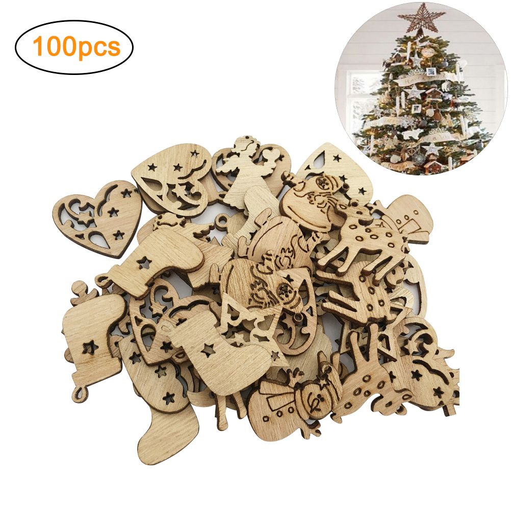 100Pcs Mix Wooden Christmas Tree Ornaments Mini Santa Claus Snowman Elk Snowflakes Christmas Tree Hanging Pendants