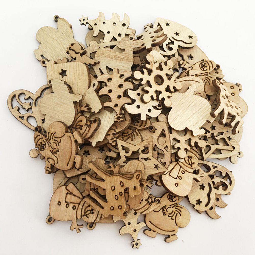 100Pcs Mix Wooden Christmas Tree Ornaments Mini Santa Claus Snowman Elk Snowflakes Christmas Tree Hanging Pendants